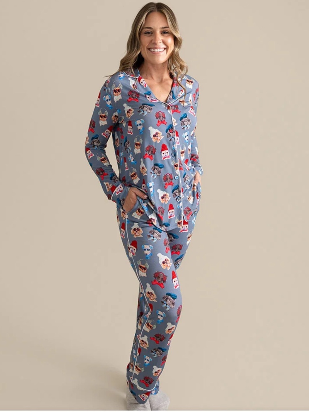 Posh Peanut Quinlyn Womens Lux Blue Holiday Character-Print Pajama Set
